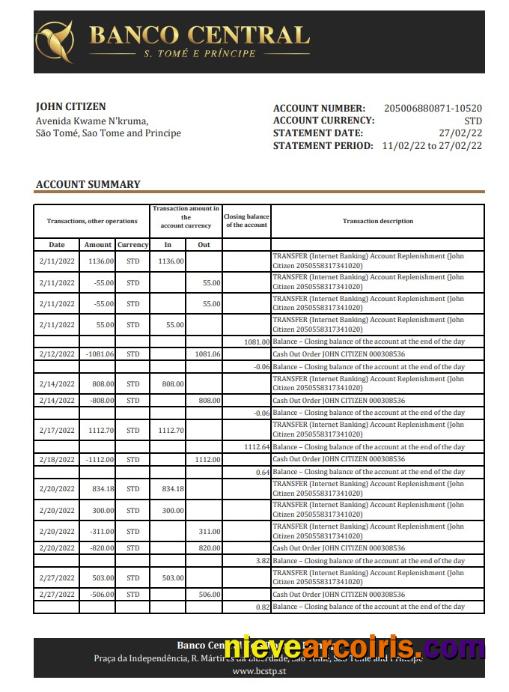Sao Tome and Principe Banco Central de S.Tome e Principe bank statement